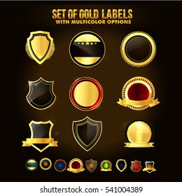 Set of Golden Shield, Stickers, Labels, Ribbons with Multicolors options.