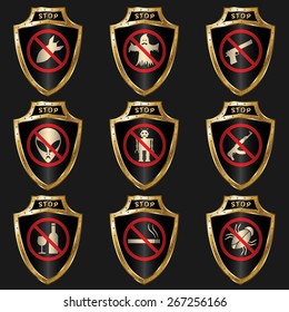 Set of golden shields with symbols