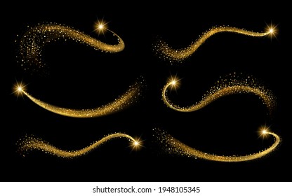 Set golden shimmering waves with light effect isolated on black background. Gold glittering star dust trail. Magic motion swirl lines.