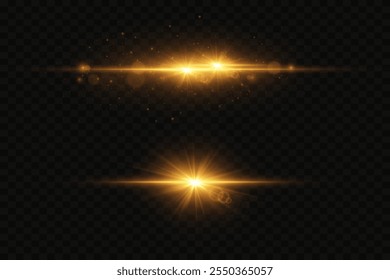 Set of golden shining stars and flare, light flare effect. On a transparent background.