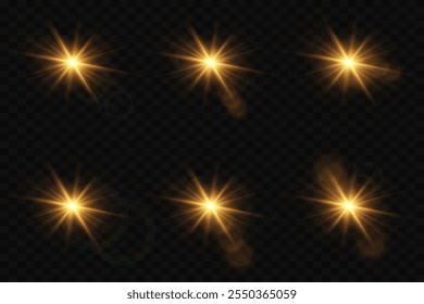 Set of golden shining stars and flare, light flare effect. On a transparent background.