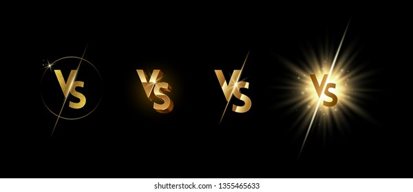 Set of golden shining versus logo on black background. VS logo for games, battle, match, sports or fight competition, Game concept of rivalry. VS. Vector illustration.