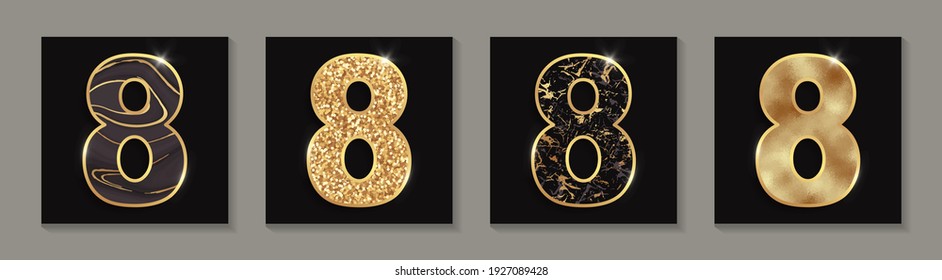 Set of golden shiny "8" numbers on a black background.