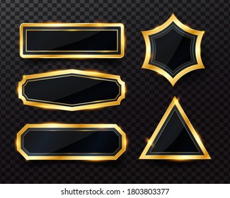 Set of golden shiny frame on dark transparent background.