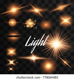 Set of Golden shiny lights and tinsel with the effect of lenses on a transparent background