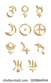 Set of golden shiny planets signs for astrology or horoscopes.