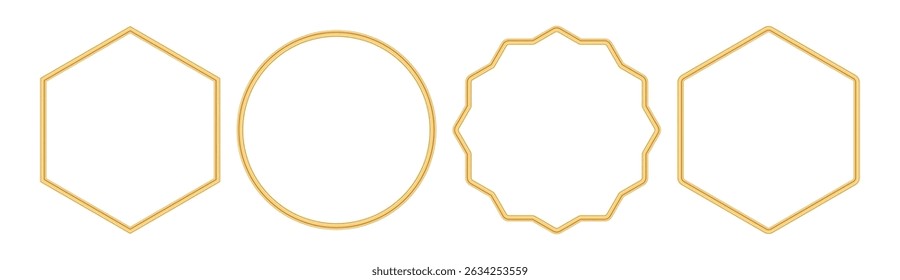 Conjunto de borde de viñeta redondo brillante dorado, hexagonal, poligonal. Portal mágico, adorno árabe, marco arabesco, sello mágico, sello, elemento decorativo islámico para certificado. Ilustración vectorial