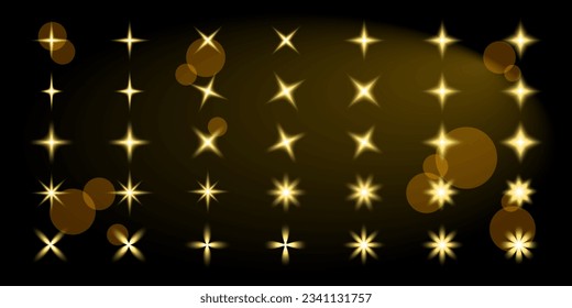 Set of golden shiny vector objects, design elements, star and sparkles symbols, luxury aesthetic glowing decorations.