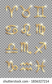 Set of golden shiny zodiac signs for astrology or horoscopes isolated on a transparent background.