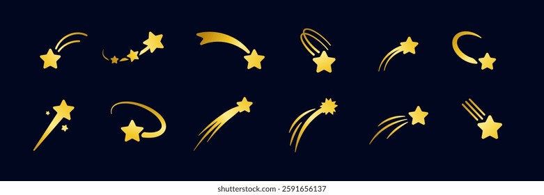 A set of golden shooting stars and comets arranged elegantly in different styles and angles.