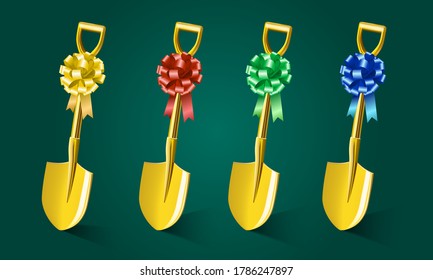 Set of Golden Shovels with different colored ribbon bows vector illustration