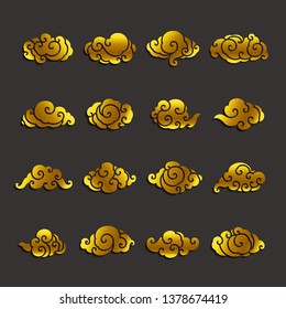 Set of golden silhouette chinese clouds single line stroke vector.