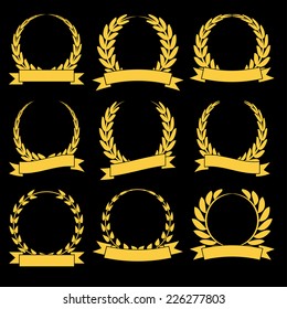 Set of golden silhouette circular laurel foliate and wheat wreaths depicting an award achievement heraldry nobility and the classics with banners vector illustration