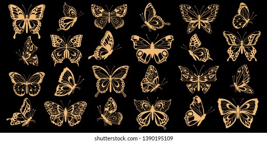 Set golden silhouettes of butterflies. Decorative abstract design element. Vector illustration