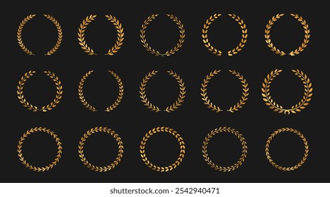 Set of Golden Silhouettes of Circular Laurel Wreaths Depicting an Award or Achievement