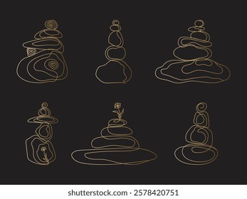 Set of golden silhouettes of stone towers drawn by one line on the black background. Sketches balances. Minimalist vector illustration on the themes psychology, healthy, relax.