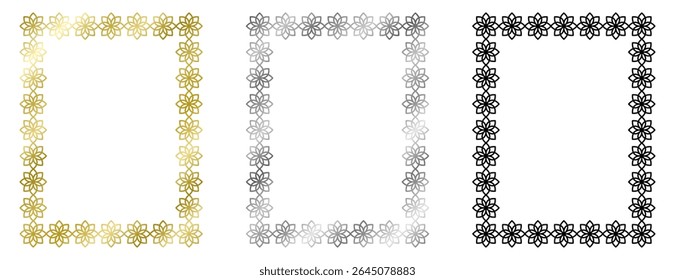 Conjunto de marcos dorados, plateados, negros con flores aisladas en blanco. Marco cuadrado de Vector. Marco para texto, certificado, imágenes, postal. Elemento para el diseño. Oro, metal