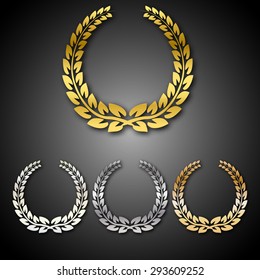 Set Of Golden, Silver, Brass And Platinum Award Laurel Wreaths, Isolated On Black Background. Vector Illustration