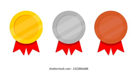 Set of Golden, silver and bronze Award medals with red ribbon. banner for text. Isolated on white background. Vector Illustration.