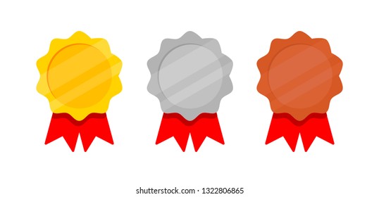 Set of Golden, silver and bronze Award medals with red ribbon. banner for text. Isolated on white background. Vector Illustration.