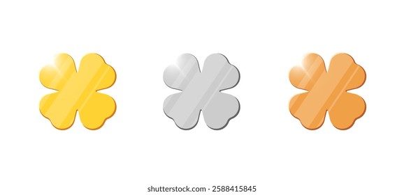 Set of golden, silver and bronze coins with four-leaf clover symbol. Shiny 3D vector illustration of lucky jackpot currency for video game UI, casino, finance or gamification elements.