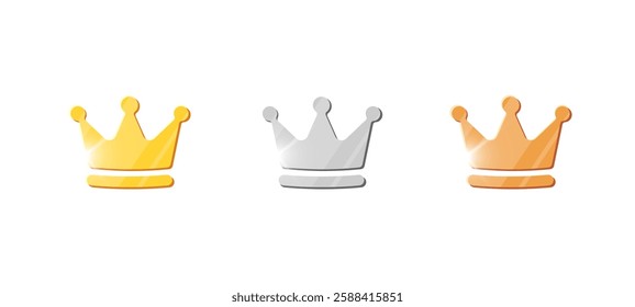 Set of golden, silver and bronze coins with royal crowns for game UI, casino or financial themes. Shiny 3D vector of jackpot, currency and treasure symbols for video game, mobile app or arcade.