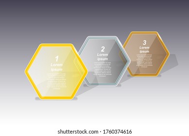 Set of golden, silver and bronze hexagonal transparent banners for text. Vector illustration EPS10 for infographic template, presentations, brochures, flyer, banner, website