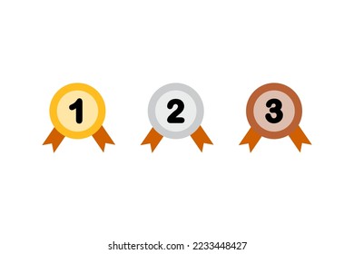 Set of Golden silver bronze medal with ribbon. Gaming, Competition, reward, achievement concept. Flat vector design isolated illustration.