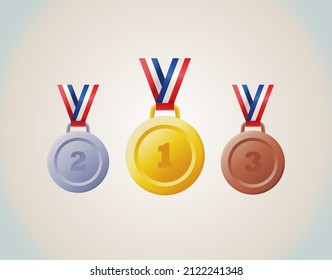 Set of golden, silver and bronze medals with red, white and blue ribbon. 3d Game coins. Victory badges	
