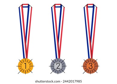 Set of golden, silver and bronze medals with red, white and blue ribbons. Symbols of olimpic games, relay race, competition victory, champion or winner.