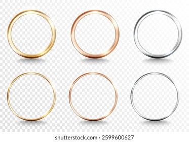 Set of golden, silver, and bronze ring frames, glowing light effects on a transparent background. Elegant luxury vector design elements for wedding invitation, decorative composition, digital artwork