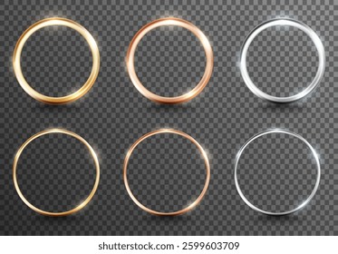 Set of golden, silver, and bronze ring frames, glowing light effects on a transparent background. Elegant luxury vector design elements for wedding invitation, decorative composition, digital artwork