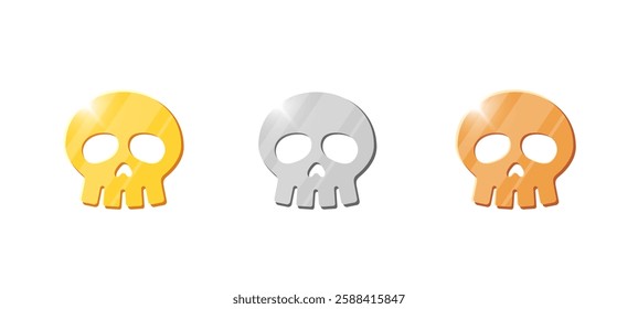 Set of golden, silver and bronze skull coins for game UI, casino or financial themes. Shiny 3D vector illustration of treasure, jackpot and currency symbols for video game, mobile app or arcade.