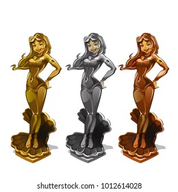 Set of golden, silver, bronze statuettes for awards the most beautiful girl diver isolated on white background. Beauty contest female athletes. Vector cartoon close-up illustration.