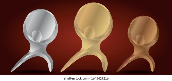 Conjunto de estatuillas de oro, plata, bronce para hombre fuerte.ilustración vectorial.