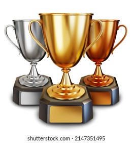 Set of Golden, Silver and Bronze trophy cup or champion cup with empty plates for your text. First, second and third place in the competition. Realistic 3D vector illustration on white background