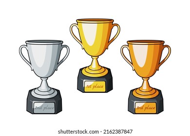 Set of Golden, Silver and Bronze trophy cup or champion cup. First, second and third place in the competition. Vector illustration in comic cartoon style on a white background