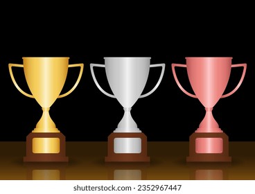 Set of Golden, Silver and Bronze Trophy Cup. Award or Champion Cup on Dark Background. Champion and Winning Concept Vector Illustration.