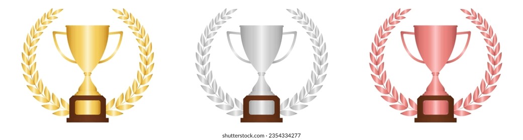 Juego de Trofeo Golden, Silver y Bronze. Premio a la Copa de Campeón de fondo blanco. Ilustración de vectores conceptuales campeones y ganadores.