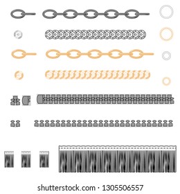 Set of golden and silver chains. vector fittings, sequins, fringe, chain, rope brushes for illustrator , zipper