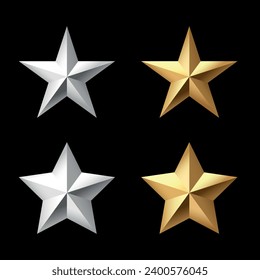 Set of Golden and silver Christmas 3d Star metal glossy bright shine five angle star shape isolated on black Background collection. Icon for holiday design element.