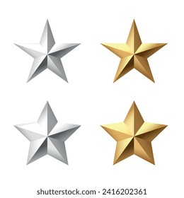 Set of Golden and silver Christmas 3d Star metal glossy bright shine five angle star shape isolated collection on white Background. Icon for holiday design element.