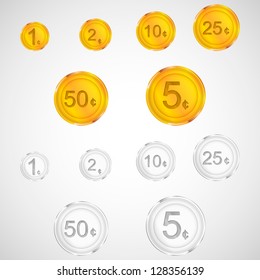 Set of golden and silver coins. American cents. Vector money