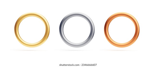 Set of golden, silver, copper rings, 3d jewelry accessories. Front view round shaped metallic objects, decorative design elements realistic vector illustration on white background