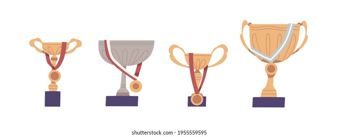Set of golden and silver cups with gold medals isolated on white background. Winner's prizes, trophies, awards and rewards for sports success and victory. Flat vector illustration of goblets