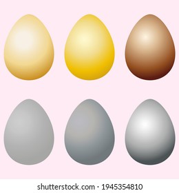 Juego de huevos de oro y de plata. Ilustración vectorial con colores gradientes grises y dorados para el diseño de tarjetas Happy Easter, decoración, textiles, tejidos, empaque, papel envolvente, pancartas, plantillas