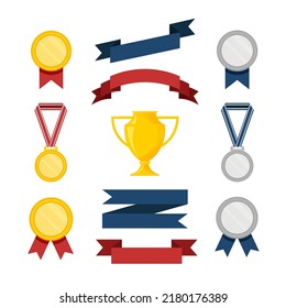 Set of golden and silver medals, trophy or awards. Winner ribbons. Vector illustration isolated on white background.