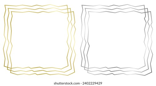 Set of golden and silver metal frames isolated on white. Vector curved frame for photo, picture and text. Square frames