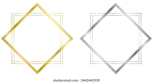Set of golden and silver metal frames isolated on white. Vector frame for photo. Frame for text, certificate, pictures, diploma. Luxury, gold, wedding, celebration. Star