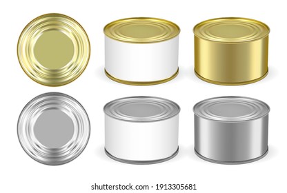 Set Of Golden And Silver Metal Tin Can Isolated On White Background Mock Up Vector 